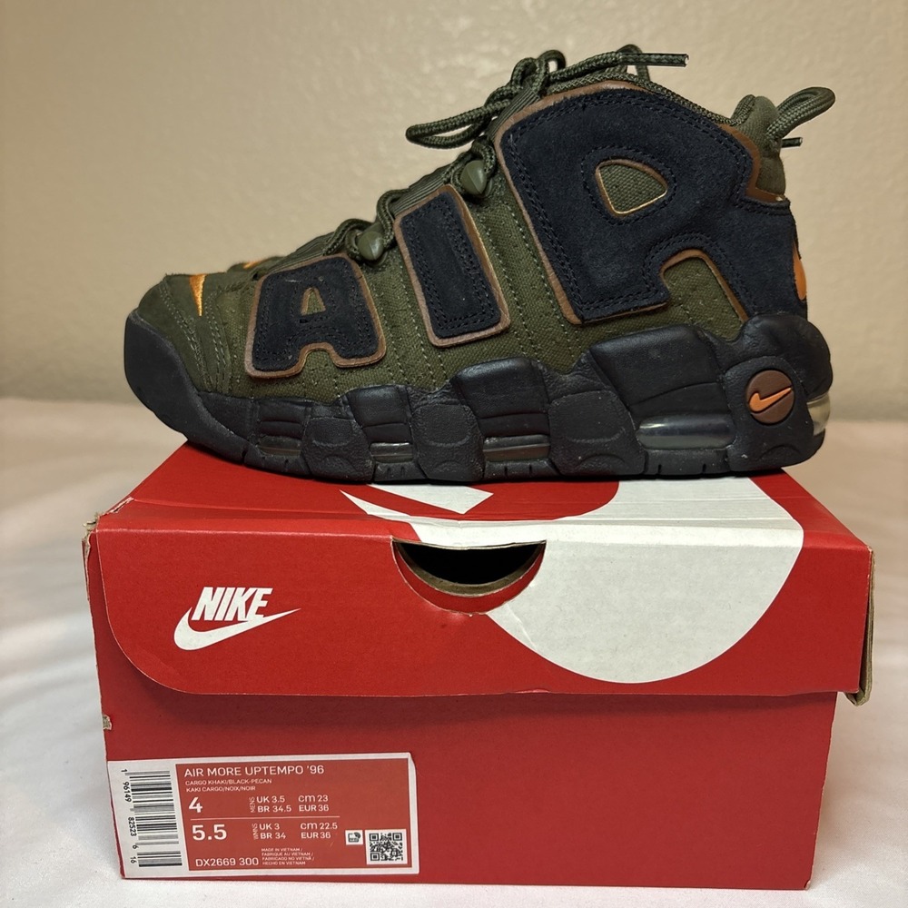 Size 4 Nike Air More Uptempo 96 'Cargo Khaki/Black Pecan' with box